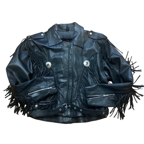 Antelope Creek Leather Fringe Jacket XL Black Western Moto Biker Southwest Grung - Picture 2 of 12